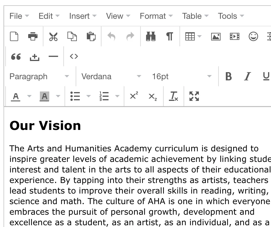 a screenshot of the content editing pane i configured for the AHA website