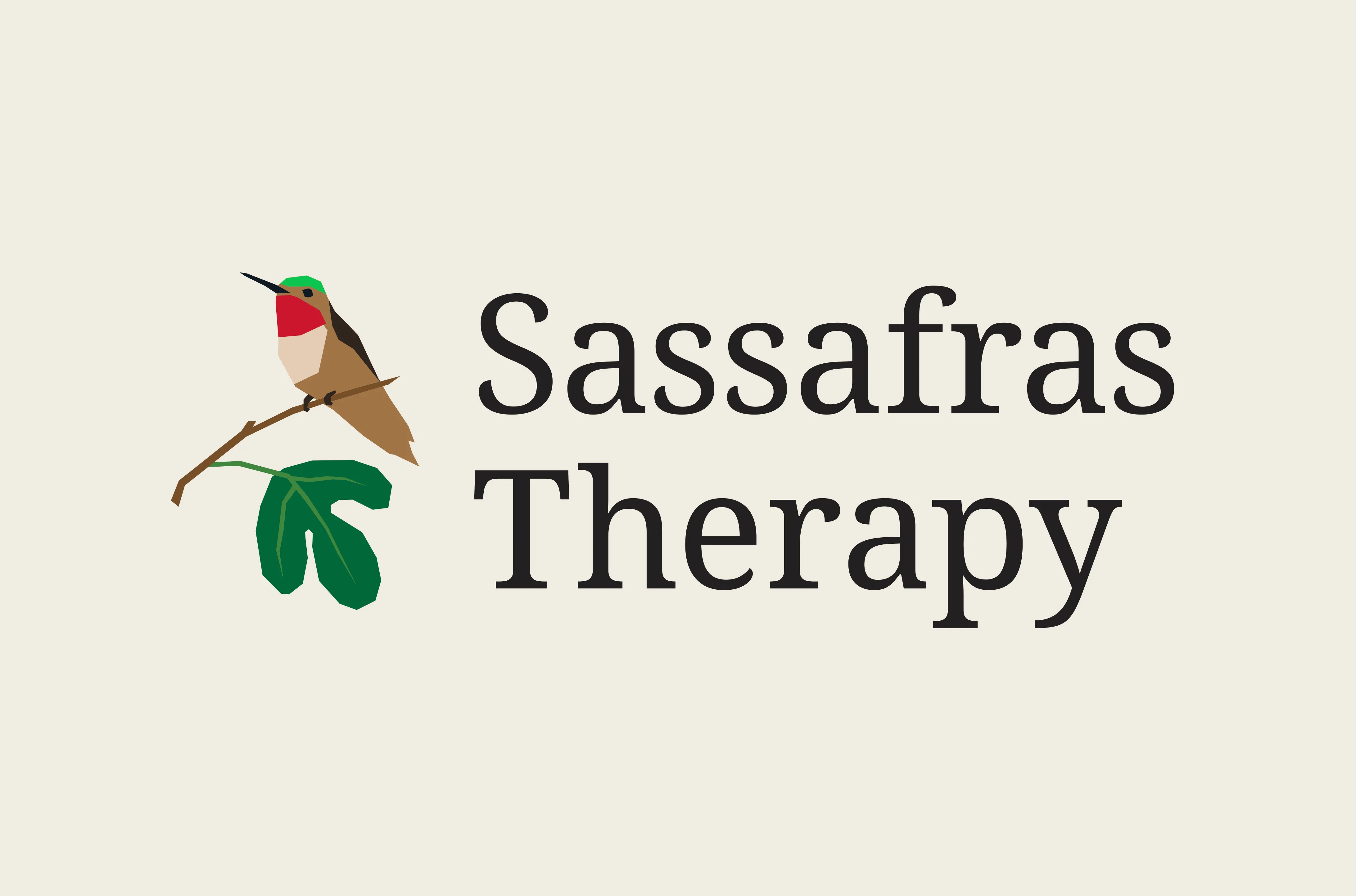a logotype featuring a hummingbird sitting on a sassafras branch with a leaf, next to the words sassafras therapy.