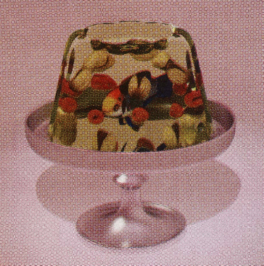 an image of a jello mold on a stand rendered in halftones